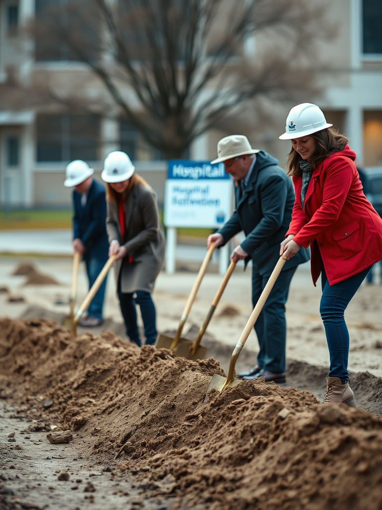 four or five people with shovels just entering dirt at a hospital groundbreaking ceremony